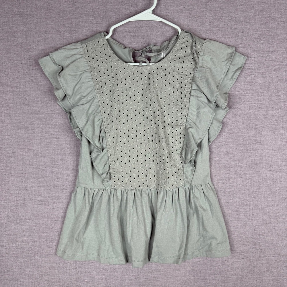 Gap Womens XS Sage Green Eyelet Lace Ruffle Peplum Top Tie‎ Back Cotton Blouse